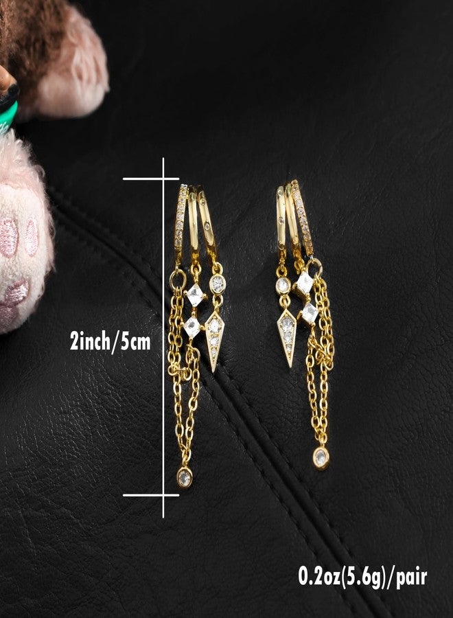 Nylry Gold Earrings for Women Dangle Chain Hoop Earrings that Look Like Multiple Piercings Unique Triple Hoop Earring for Women Trendy Illusion Stud Earring Hypoallergenic Dainty Gold Jewelry-Long - Image 5